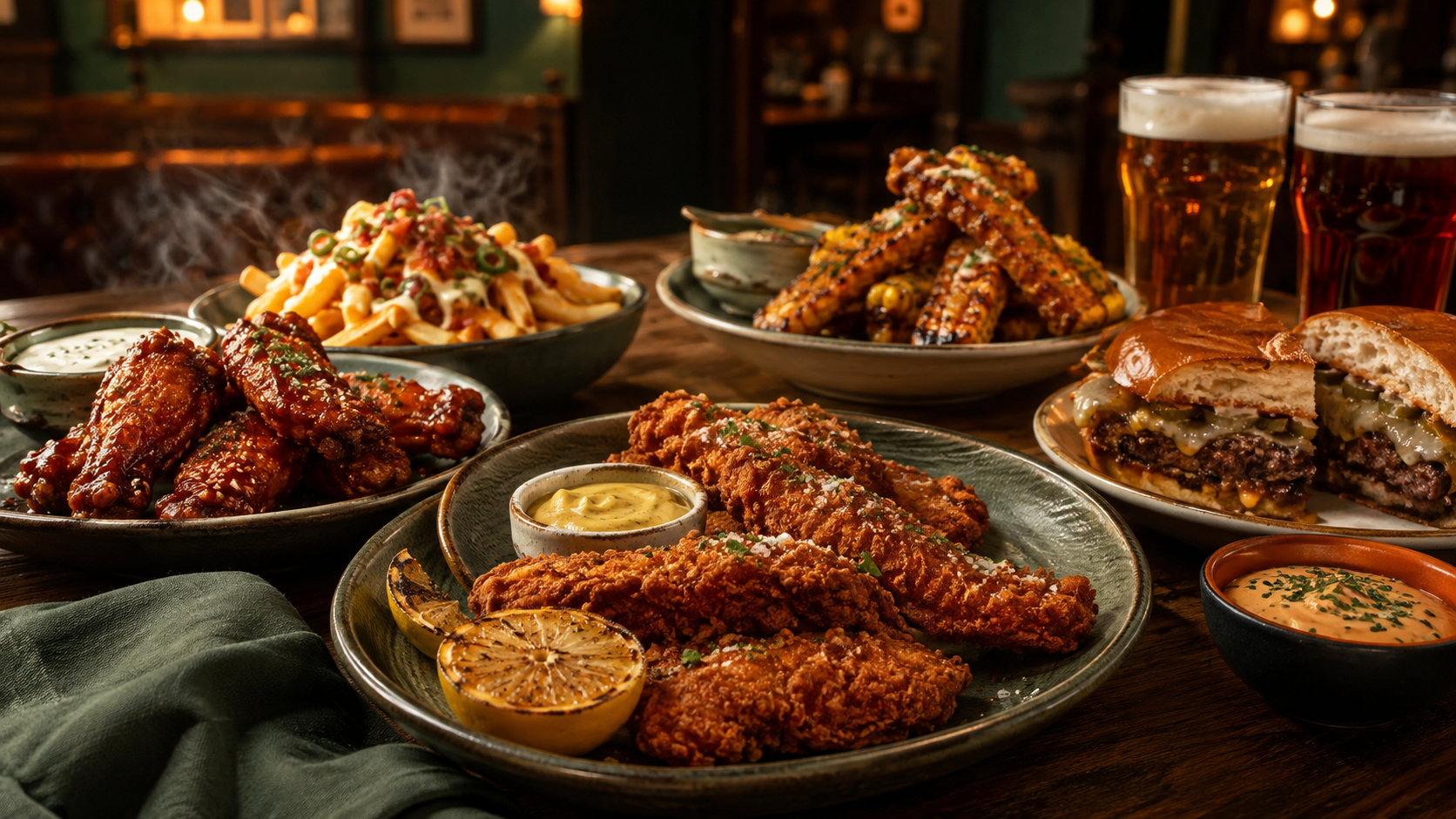 A generous table of Social Plate dishes in a warm pub